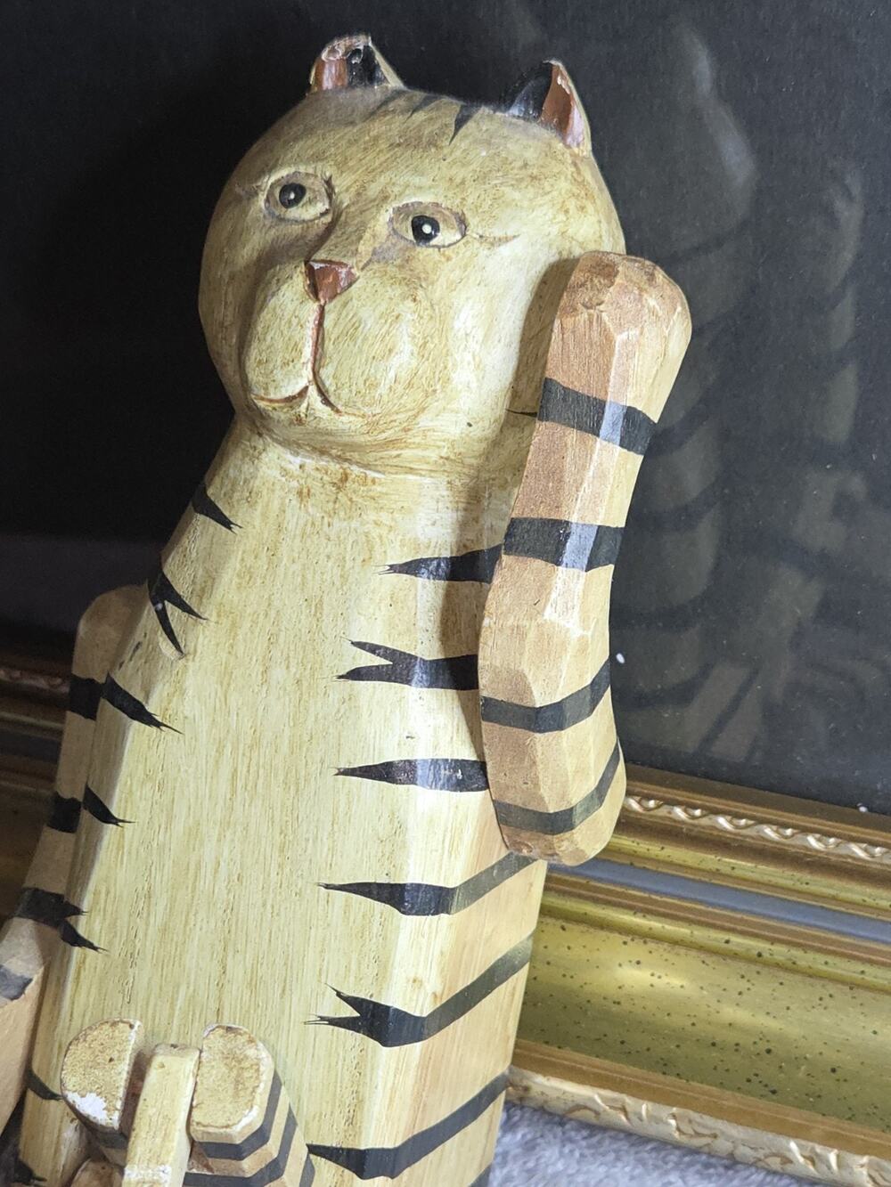 Hand Carved Wooden Cat Shelf Sitter Jointed Dangling Legs Folk Art Figurine